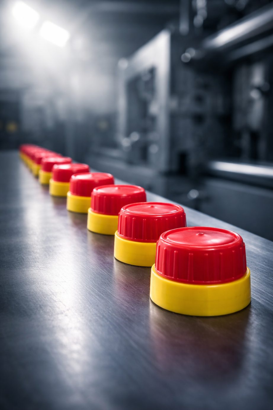 Red and yellow plastic caps on the injection molding production line at Aditya Plastics, Jaipur