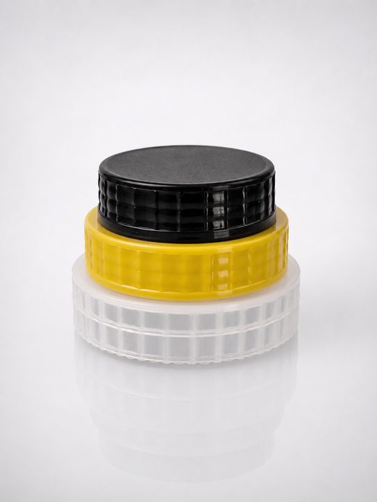 Knurled plastic jar caps in 53mm, 63mm and 73mm with textured grip, black yellow and natural